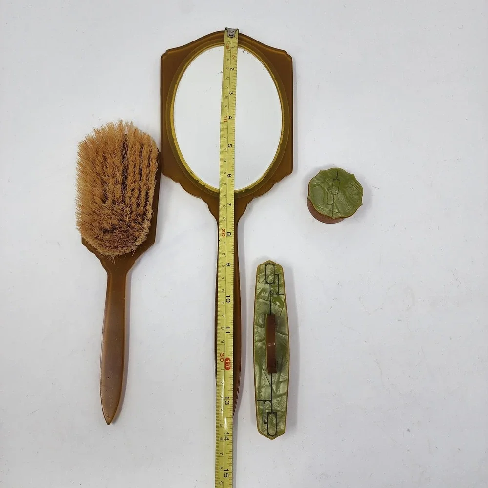 VTG Art Deco Marbleized Green Celluloid Vanity Set Mirror Brush‎ Nail Buffer Box